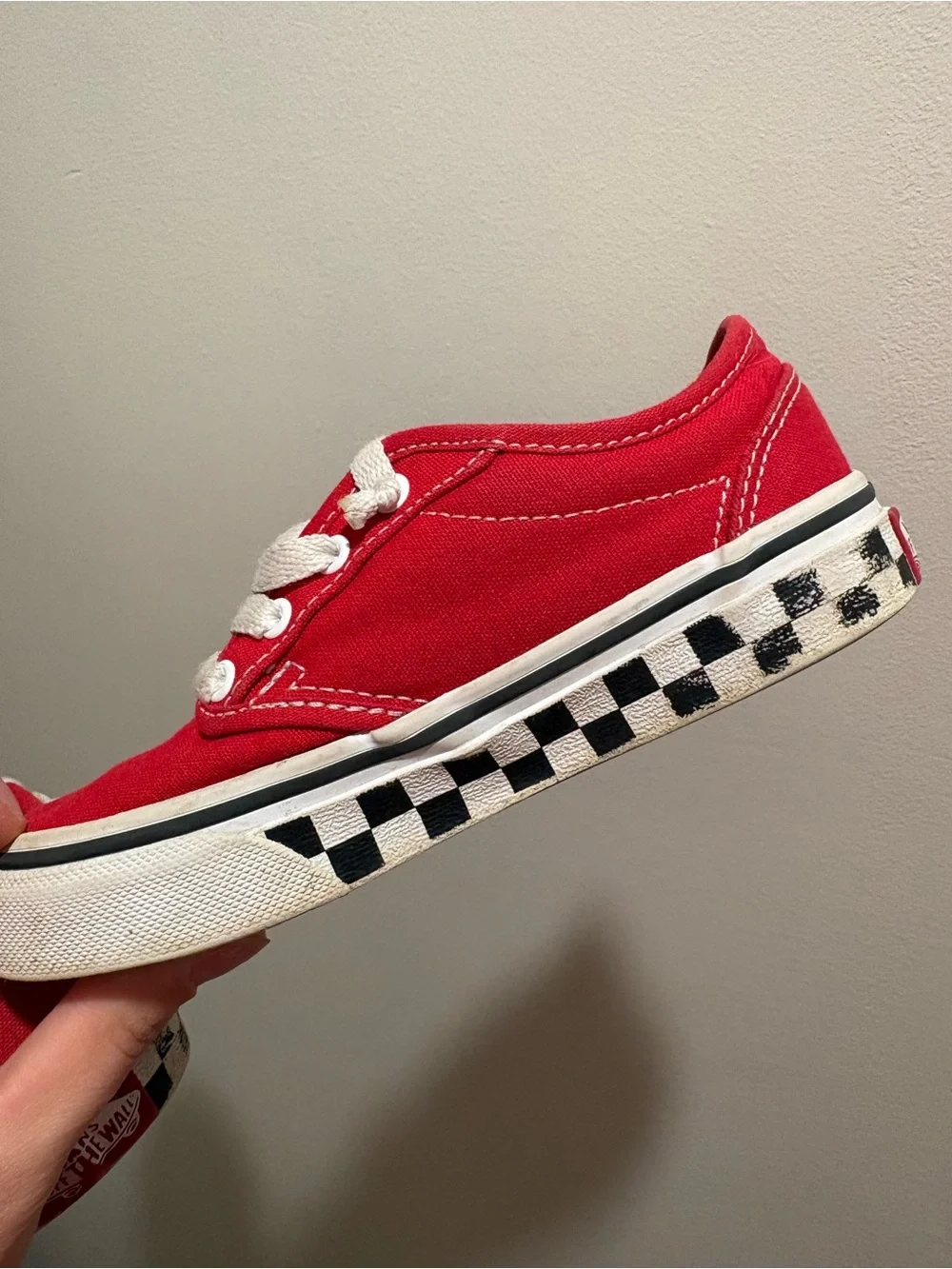 Vans Little Kids Size 12 Low-Top Canvas Sneakers — Red with checkered sole